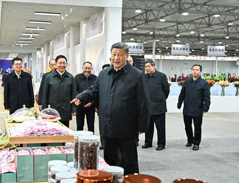 Rais Xi Jinping wa China, ambaye pia ni katibu mkuu wa Kamati Kuu ya Chama cha Kikomunisti cha China (CPC) na mwenyekiti wa Kamati Kuu ya Kijeshi ya China (CMC), akitembelea eneo maalum la  shughuli za kisasa za maua  katika Mji Lijiang, Mkoa wa Yunnan, kusini-magharibi mwa China, Machi 19, 2025. (Xinhua/Yan Yan)