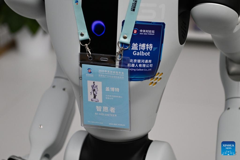 Roboti ya muundo wa binadamu iliyoundwa na Kampuni ya Beijing Galbot yenye kadi ya utambulisho wa kazi ya kujitolea wa AI ikionekana kwenye Kituo cha Uvumbuzi cha Kimataifa cha Zhongguancun, ukumbi wa Jukwaa la Zhongguancun Mwaka 2025, mjini Beijing, Machi 26, 2025. (Xinhua/Chen Zhonghao)