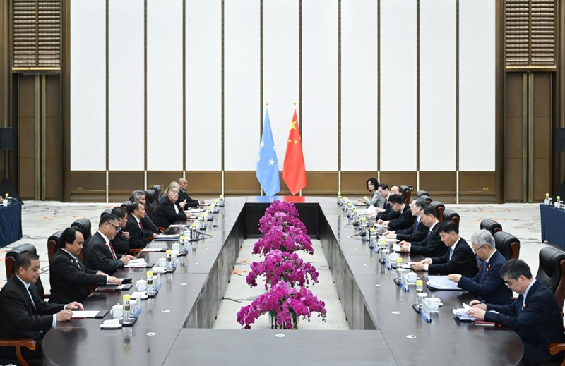 Naibu Waziri Mkuu wa China Ding Xuexiang akikutana na Aren B. Palik, Makamu Rais wa nchi ya Shirikisho la Majimbo ya Micronesia, ambaye yuko China kuhudhuria mkutano wa mwaka 2025 wa Baraza la Asia la Boao unaoendelea huko Boao, Mkoani Hainan, kusini mwa China, Machi 26, 2025. (Xinhua/Li Xiang)