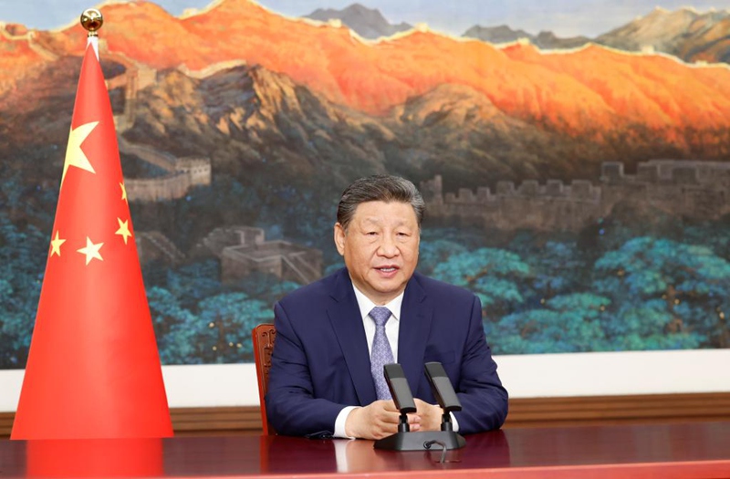 Rais wa China Xi Jinping akitoa hotuba kwa njia ya video kwenye Mkutano wa Viongozi  kuhusu Tabianchi na Mpito wa Haki, Aprili 23, 2025. (Xinhua/Huang Jingwen)