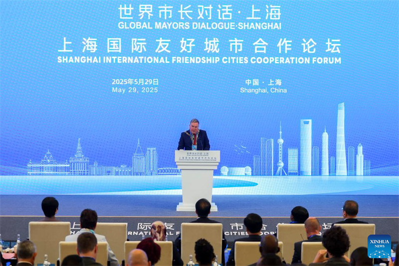 Dan Boyle meya wa Mji wa Cork wa Ireland akizungumza kwenye mkutano wa Mazungumzo ya Mameya Duniani na Baraza la Kimataifa la Ushirikiano wa Miji ya Urafiki la Shanghai 2025 mjini Shanghai, mashariki mwa China, Mei 29, 2025. (Xinhua/Wang Xiang)