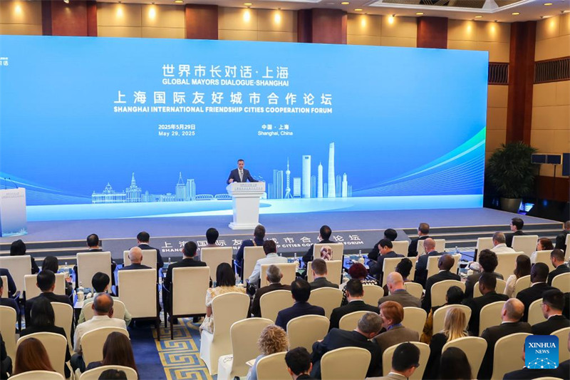 Haris Doukas meya wa Mji wa Athens, Ugiriki akizungumza kwenye mkutano wa Mazungumzo ya Mameya Duniani na Baraza la Kimataifa la Ushirikiano wa Miji ya Urafiki la Shanghai 2025 mjini Shanghai, mashariki mwa China, Mei 29, 2025. (Xinhua/Wang Xiang)