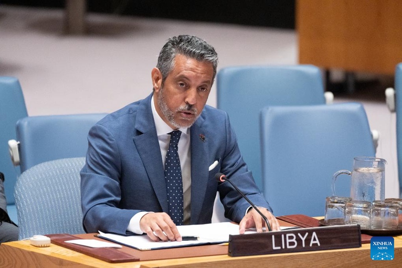 Balozi wa Libya katika Umoja wa Mataifa Taher El-Sonni akizungumza kwenye mkutano wa Baraza la Usalama kuhusu hali ya Libya, katika makao makuu ya Umoja wa Mataifa mjini New York, Juni 24, 2025. (Evan Schneider/Picha ya UN/kupitia Xinhua)