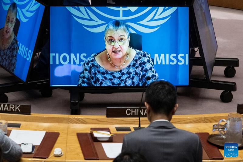 Mwakilishi maalum wa Katibu Mkuu wa Umoja wa Mataifa kuhusu suala la Libya Hanna Tetteh akizungumza kwenye mkutano wa Baraza la Usalama kuhusu hali ya Libya, katika makao makuu ya Umoja wa Mataifa mjini New York, Juni 24, 2025. (Evan Schneider/Picha ya UN/kupitia Xinhua)