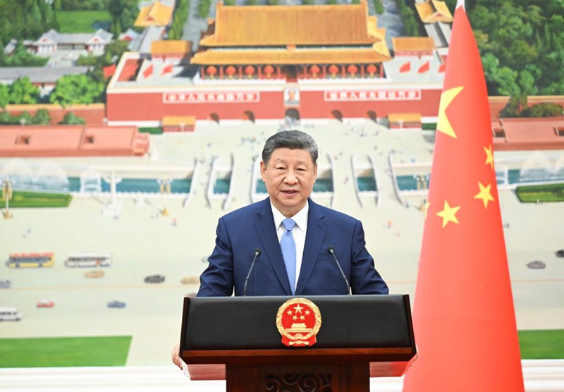 Rais Xi Jinping wa China akitoa hotuba baada ya kupokea hati za utambulisho kutoka kwa mabalozi 16 wapya nchini China kwenye Jumba la Mikutano ya Umma mjini Beijing, mji mkuu wa China, Julai 25, 2025. (Xinhua/Xie Huanchi)