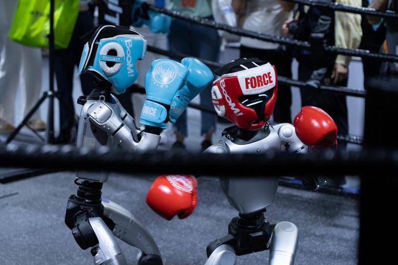 Roboti za ndondi zikionekana kwenye Maonyesho ya Roboti ya Dunia 2025 (WRC) mjini Beijing, China, Agosti 8, 2025. (Xinhua/Xie Han)