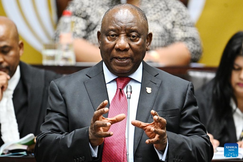 Rais Cyril Ramaphosa wa Afrika Kusini akijibu maswali kwenye Bunge la Taifa mjini Cape Town, Afrika Kusini, Septemba 9, 2025. (Picha na Xabiso Mkhabela/Xinhua)
