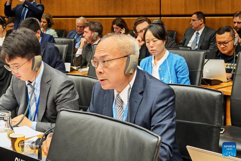 Li Song, Mjumbe wa Kudumu wa China katika IAEA, akihutubia mkutano wa Baraza la Magavana wa Shirika la Kimataifa la Nishati ya Atomiki (IAEA) mjini Vienna, Austria, Septemba 10, 2025. (Ujumbe wa Kudumu wa China katika Umoja wa Mataifa na Mashirika mengine ya Kimataifa mjini Vienna/kupitia Xinhua)