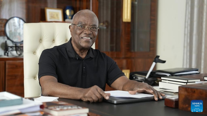 Manuel Pinto da Costa, former president of Sao Tome and Principe, is pictured during an interview with Xinhua on Aug. 19, 2025. (Xinhua/Liu Jie)