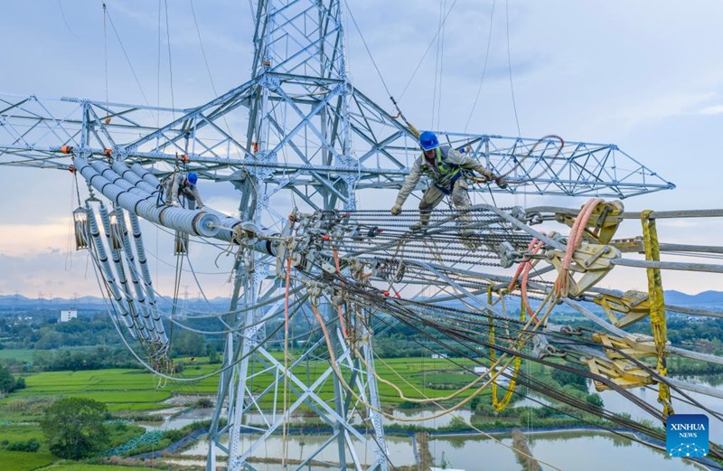 Picha iliyopigwa Septemba 16, 2025 ikionesha wafanyakazi wakifunga waya kwa Mradi wa Usambazaji Umeme wa volti ya juu ya ±800 kV (UHV) wa moja kwa moja wa Gansu-Zhejiang katika Wilaya ya Nanling, Wuhu, Mkoa wa Anhui wa Mashariki mwa China. (Xinhua/Liu Junxi)
