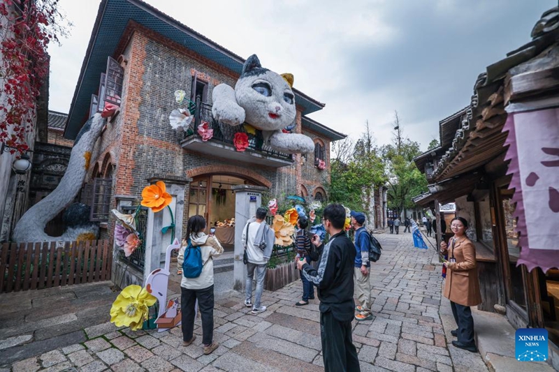 Watalii wakiangalia pambo la mdoli mkubwa kwenye Tamasha la maisha ya intaneti katika Eneo la Mapumziko la Puyuan, Mji wa Tongxiang wa Jiaxing, Mkoa wa Zhejiang, mashariki mwa China, Novemba 5, 2025. (Xinhua/Xu Yu)