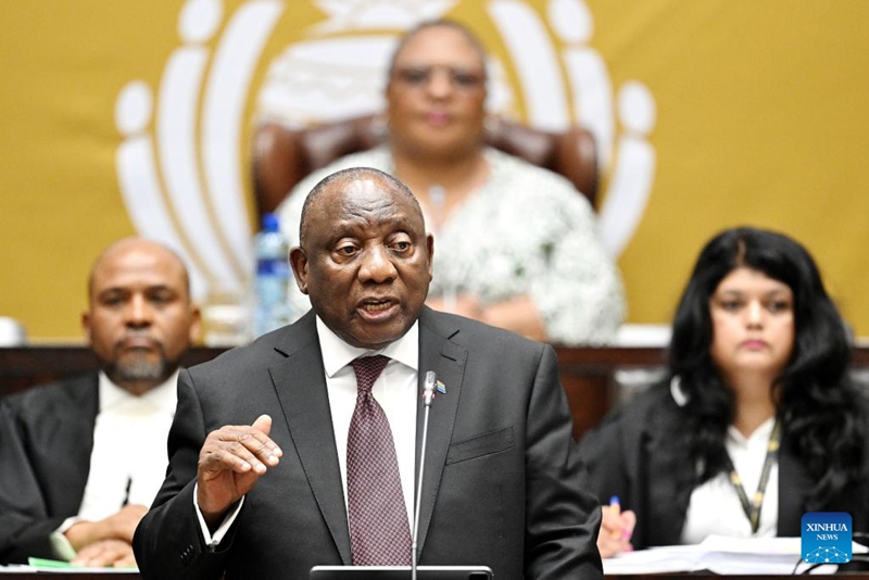 Rais Cyril Ramaphosa wa Afrika Kusini akizungumza kwenye kikao cha maswali na majibu katika Bunge la Taifa la Afrika Kusini mjini Cape Town, Afrika Kusini, Novemba 6, 2025. (Picha na Xabiso Mkhabela/Xinhua)