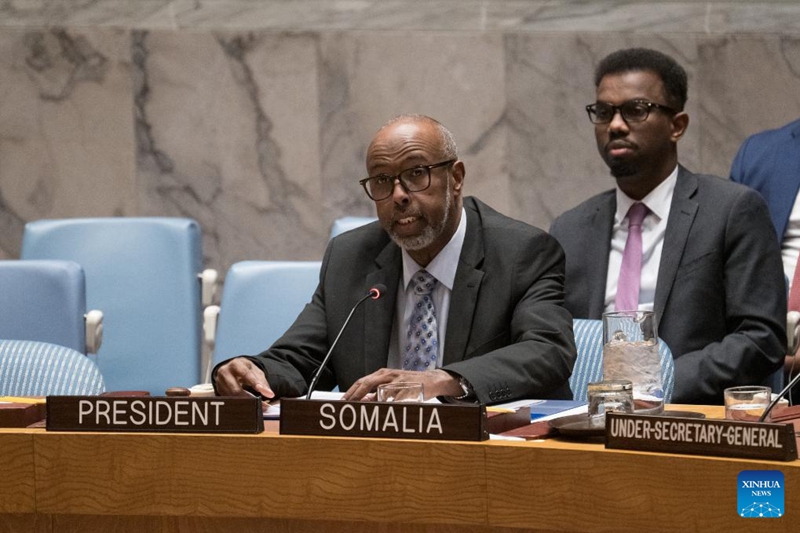 Balozi wa Somalia katika Umoja wa Mataifa Abukar Dahir Osman (mbele) akiongoza mkutano wa dharura wa Baraza la Usalama kwenye makao makuu ya Umoja wa Mataifa mjini New York, Januari 5, 2026. (Mark Garten/Picha ya Umoja wa Mataifa/kupitia Xinhua)