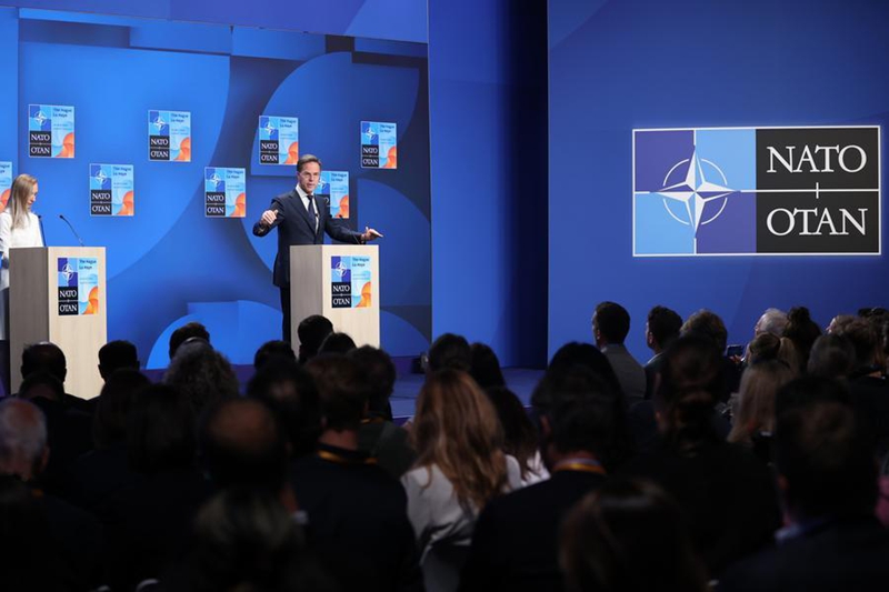 Katibu Mkuu wa Jumuiya ya NATO Mark Rutte akihudhuria mkutano na waandishi wa habari wakati wa mkutano wa viongozi wa nchi wanachama wa NATO mjini The Hague, Uholanzi, Juni 25, 2025. (Xinhua/Zhao Dingzhe)