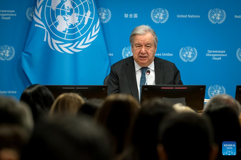 Katibu Mkuu wa Umoja wa Mataifa Antonio Guterres akizungumza katika mkutano na waandishi wa habari wa mwanzo wa mwaka katika makao makuu ya Umoja wa Mataifa, New York, Januari 29, 2026. (Mark Garten/Picha za Umoja wa Mataifa/ kupitia Xinhua)