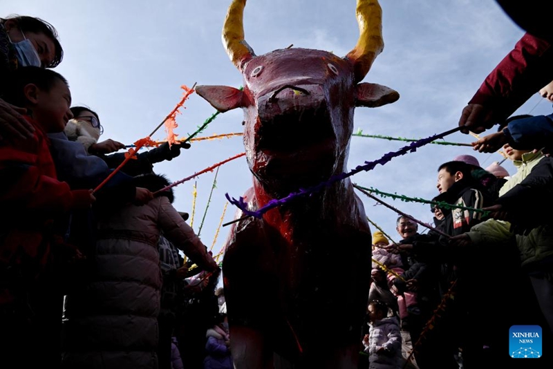 Watu wakishiriki kwenye shughuli ya kijadi ya Siku ya "Lichun" yaani kuanza kwa majira ya mchipuko huko Dunhuang, Mkoa wa Gansu, kaskazini magharibi mwa China, Februari 4, 2026. (Picha na Zhang Xiaoliang/Xinhua)