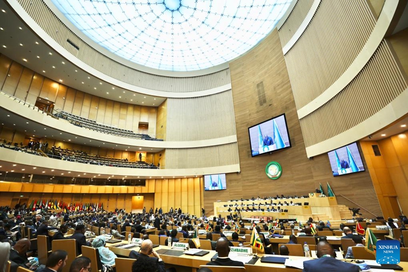 Picha hii iliyopigwa Februari 11, 2026 ikionyesha ukumbi wa Mkutano wa 48 wa Kawaida wa Baraza Tendaji la Umoja wa Afrika (AU) katika makao makuu ya AU mjini Addis Ababa, Ethiopia. (Xinhua/Geng Xinning)