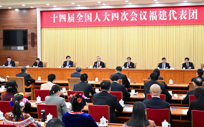 Li Xi, mjumbe wa kudumu wa Ofisi ya Siasa ya Kamati Kuu ya CPC na katibu wa Kamati Kuu ya Ukaguzi wa Nidhamu ya CPC, akijumuika na wajumbe wa mkoa wa Fujian kuchunguza ripoti ya kazi ya serikali kwenye mkutano wa nne wa Bunge la 14 la Umma la China, mjini Beijing, China, Machi 5, 2026. (Xinhua/Yue Yuewei)