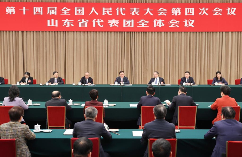 Makamu wa Rais Han Zheng akijumuika na wajumbe wenzake wa mkoa wa Shandong kuchunguza ripoti ya kazi ya serikali kwenye mkutano wa nne wa Bunge la 14 la Umma la China, mjini Beijing, China, Machi 5, 2026. (Xinhua/Yao Dawei)