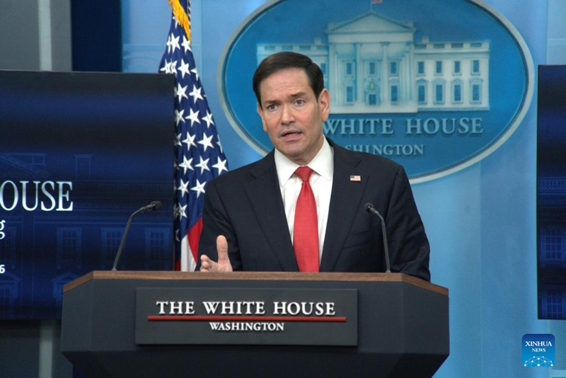 Waziri wa Mambo ya Nje wa Marekani Marco Rubio akizungumza kwenye mkutano na waandishi wa habari katika Ikulu ya White House, Washington, D.C., Marekani, Mei 5, 2026. (Picha na Li Yuanqing/Xinhua)