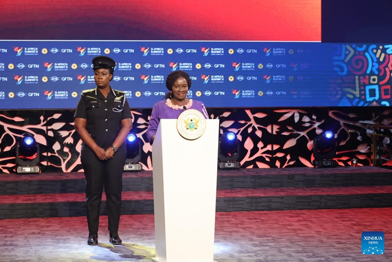 Makamu Rais wa Ghana Jane Naana Opoku-Agyemang (kulia) akizungumza kwenye ufunguzi wa Mkutano wa 3i Africa 2026, Accra, Ghana, Mei 6, 2026. (Picha na Seth/Xinhua)