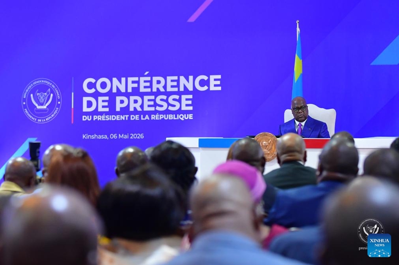 Rais wa Jamhuri ya Kidemokrasia ya Kongo (DRC) Felix Tshisekedi akizungumza kwenye mkutano na waandishi wa habari mjini Kinshasa, mji mkuu wa DRC, Mei 6, 2026. (Ikulu ya DRC/kupitia Xinhua)