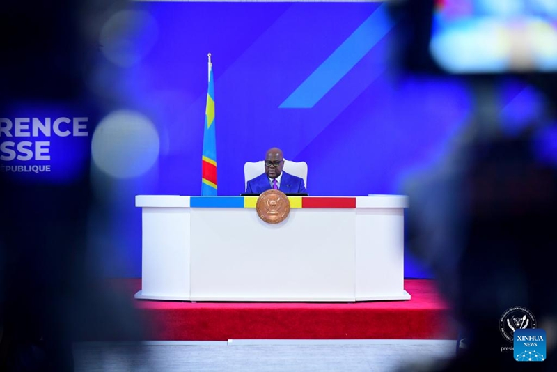 Rais wa Jamhuri ya Kidemokrasia ya Kongo (DRC) Felix Tshisekedi akizungumza kwenye mkutano na waandishi wa habari mjini Kinshasa, mji mkuu wa DRC, Mei 6, 2026. (Ikulu ya DRC/kupitia Xinhua)