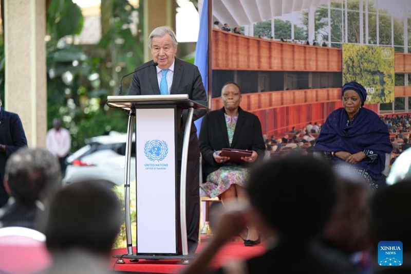 Katibu Mkuu wa Umoja wa Mataifa Antonio Guterres akitoa hotuba kwenye hafla ya kuweka jiwe la msingi kwa ajili ya mradi wa upanuzi wa makao makuu ya Umoja wa Mataifa jijini Nairobi, Kenya, Mei 11, 2026. (Xinhua/Yang Guang)