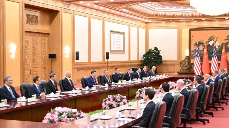 Rais wa China Xi Jinping akifanya mazungumzo na Rais wa Marekani Donald Trump, ambaye yuko katika ziara ya kiserikali nchini China, kwenye Jumba la Mikutano ya Umma la Beijing  Mei 14, 2026. (Xinhua/Li Xiang)