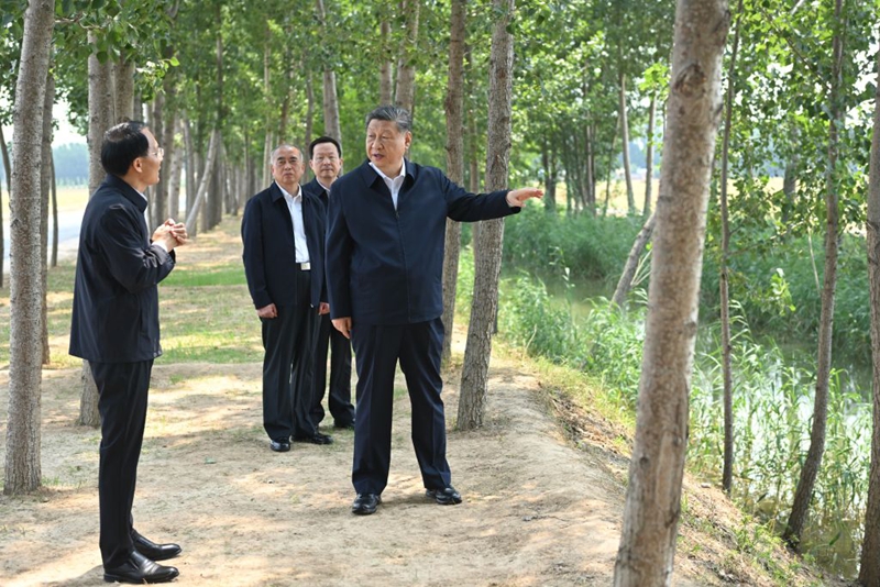 Rais wa China Xi Jinping, akifahamishwa kuhusu miundombinu ya kilimo katika Kijiji cha Dongyujia cha Eneo la Lingcheng la Mji wa Dezhou, Mkoa wa Shandong, mashariki mwa China, Juni 24, 2026. (Xinhua/Yan Yan)