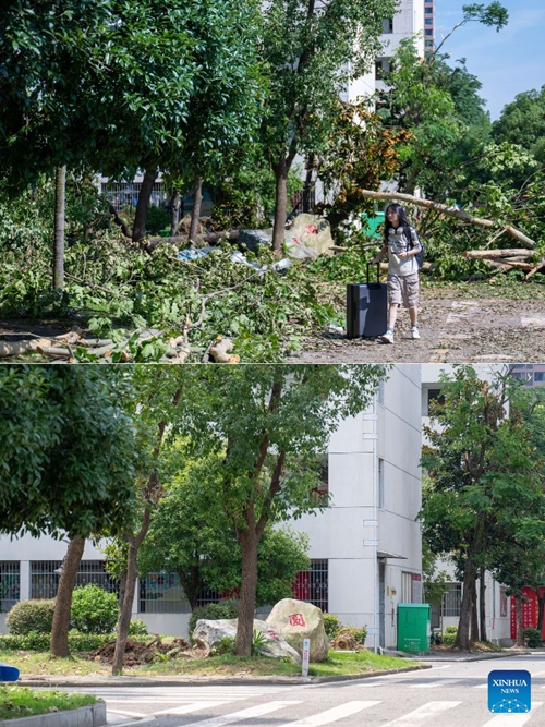 Picha hii ya kuunganisha ikionyesha mwanafunzi akihamishwa kutoka Chuo Kikuu cha Ualimu cha Huanggang katika Mkoa wa Hubei, katikati mwa China, Julai 8, 2026 (juu) na mandhari ya Chuo Kikuu cha Ualimu cha Huanggang Julai 13, 2026 (chini). (Xinhua/Wu Zhizun)