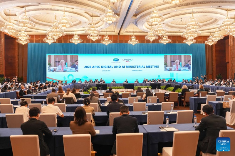 Picha hii iliyopigwa Julai 23, 2026 ikionyesha Mkutano wa ngazi ya Mawaziri wa APEC wa Mambo ya Kidijitali na AI 2026 mjini Chengdu, Mkoa wa Sichuan, kusini magharibi mwa China. (Xinhua/Wang Xi)