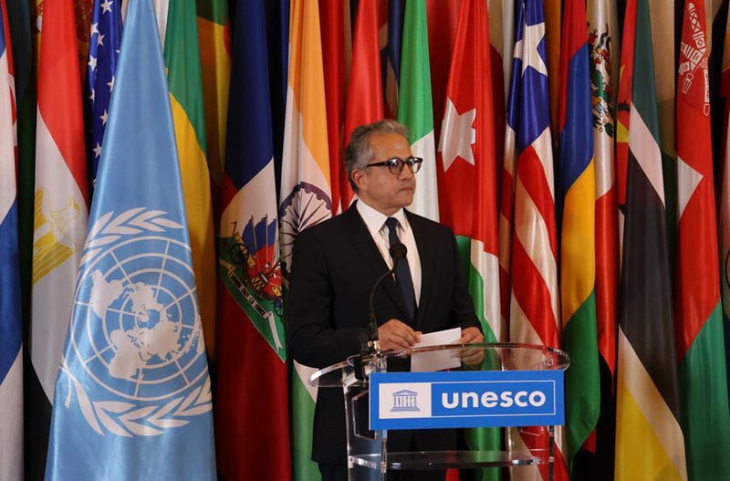 Khaled Ahmed El-Enany Ali Ezz akizungumza baada ya kushinda uchaguzi wa mgombea wa nafasi ya mkurugenzi mkuu wa UNESCO jijini Paris, Ufaransa, Oktoba 6, 2025. (Xinhua/Zhang Baihui)