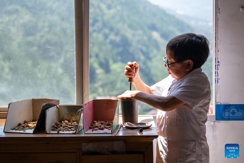 Wang Ju akiandaa dawa za mitishamba katika Kijiji cha Lianghe cha Mji Lianghekou wa Wilaya ya Zigui ya Yichang, mkoani Hubei, katikati mwa China, Agosti 15, 2026. (Xinhua/Du Zixuan)