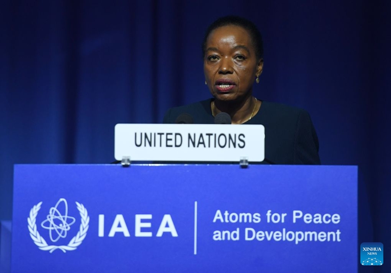 Mkurugenzi Mkuu wa Ofisi ya Umoja wa Mataifa mjini Vienna, Bibi Monica Juma, akihutubia Mkutano Mkuu wa 70 wa Shirika la Kimataifa la Nishati ya Atomiki (IAEA) mjini Vienna, Austria, tarehe 14 Septemba 2026. (Xinhua/He Canling)